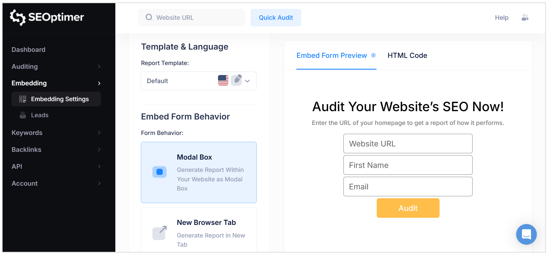 SEOptimer Embeddable Audit tool